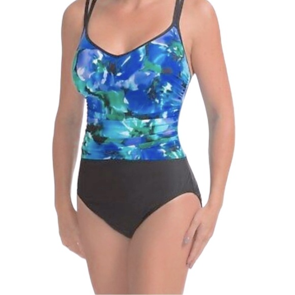 MIRACLESUIT Bethany Fauxkini Swimsuit Java Floral‎ Blue Black One Piece - Picture 1 of 7